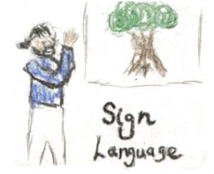 crayon drawing of man with blue shirt and pony-tail and beard signing "tree" with a drawn picture of a tree. the words "sign language" are written below the tree. 