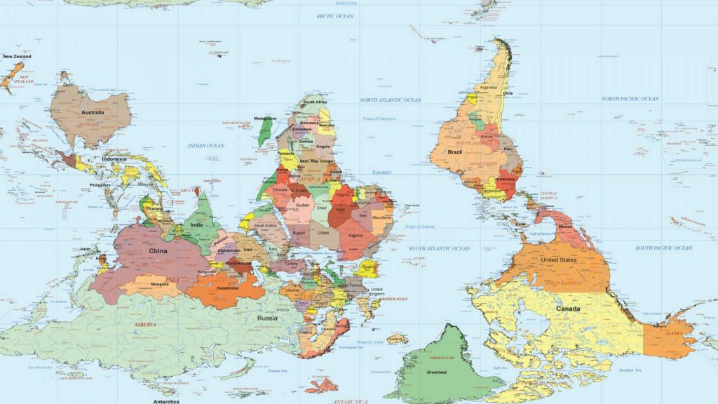 Map of the world with South Pole oriented at the top