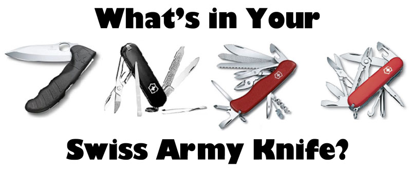 Text "What's in your Swiss Army Knife?" surrounding images of 4 different knives with variety of tools