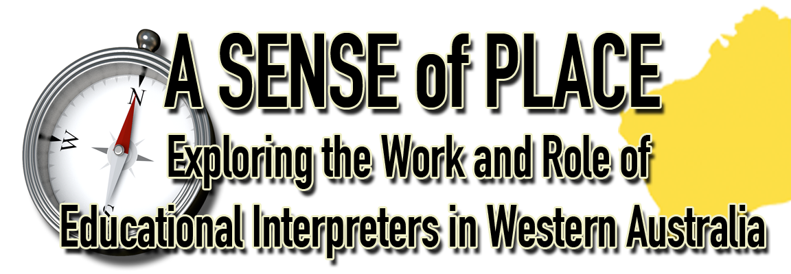 Image of comopass and map of Western Australia with words "A Sense of Place: Exploring the Work and Role of Educational Interpreters in Western Australia"