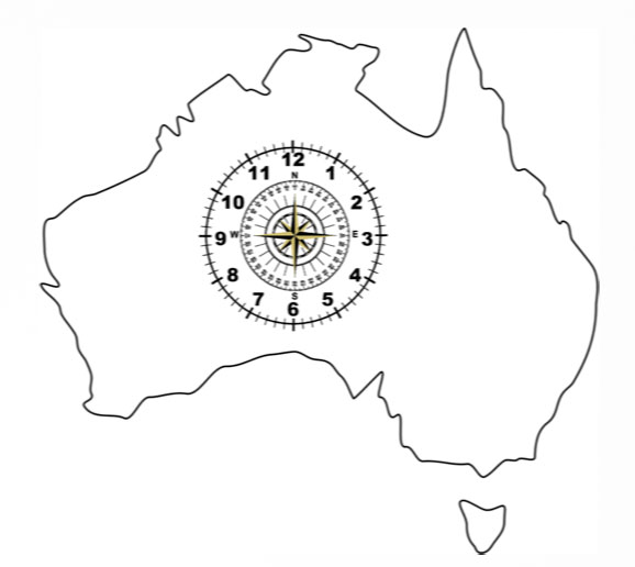 Outline of a map of Australia with a a circular compass in the middle with the numbers of the clock on it. 